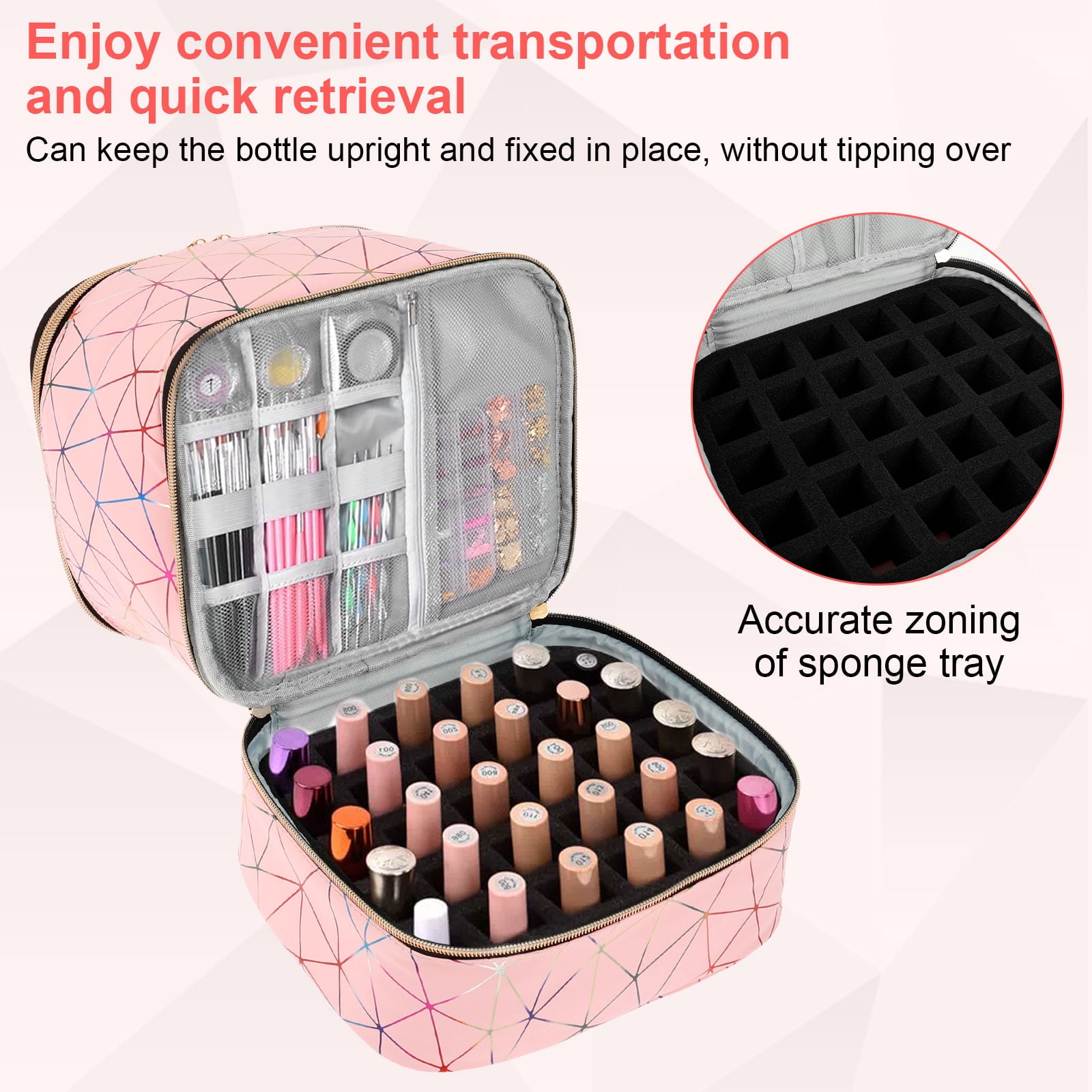 FUYGRCJ Compartmental Holographic Nail Polish Organizer Bag, Zipper Closure Double Layers Nail Supplies Storage Box for Home Travel Salon Use