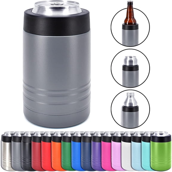 4-in-1 Stainless Steel 12 oz Double Wall Vacuum Insulated Can or Bottle Cooler Keeps Beverage Cold for Hours - Also Fits 16 oz Cans -  Coated Dark Gray -