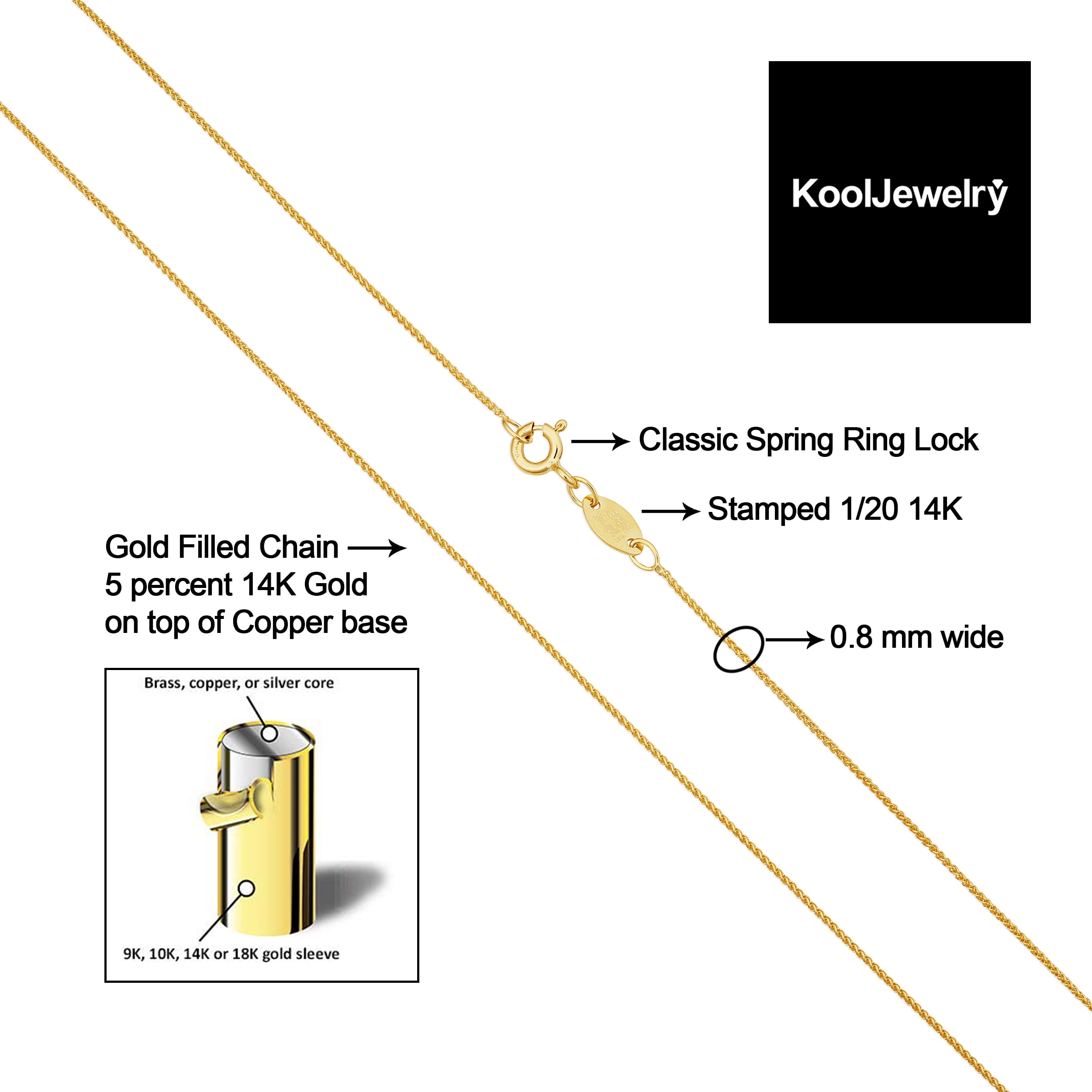 KoolJewelry 14k Yellow Gold Filled Round Wheat Chain Pendant Necklace (0.8 mm, 24 inch)