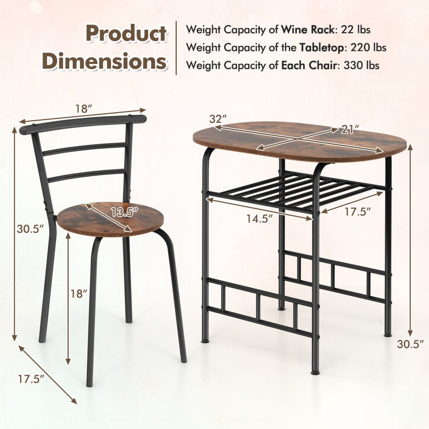 Finihen Dining Set, Dining Table Set, 3-Piece Space-Saving Bistro Set for Kitchen and Apartment, Brown Finihen Dining Set, Dining Table Set, 3-Piece Space-Saving Bistro Set for Kitchen and Apartment, Brown