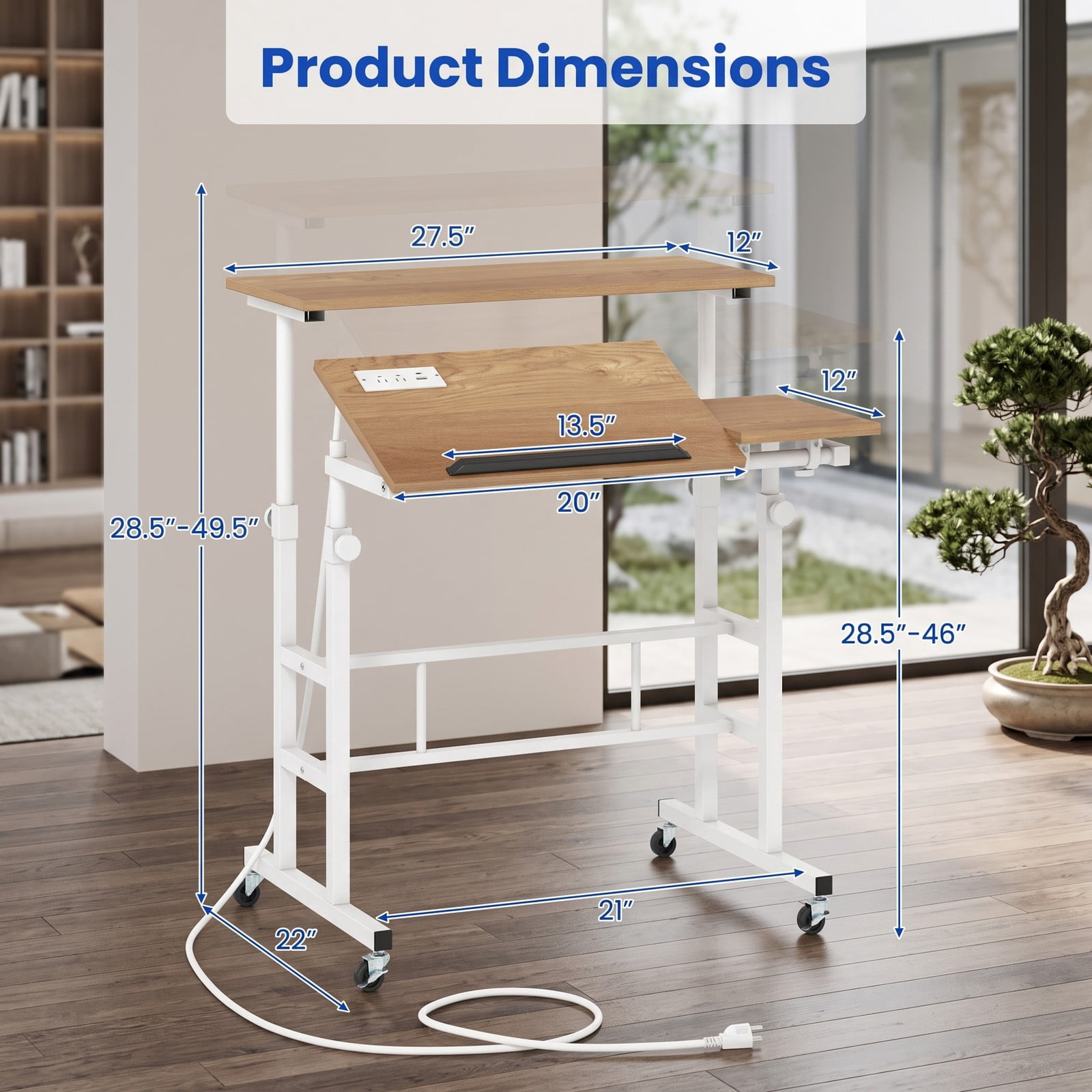 Furnibear Standing Up Desk Adjustable Mobile Computer Workstation with 2 Tilting Desktops, Rolling Sit Stand Table with Charging Station, USB & Type-C Ports, Natural
