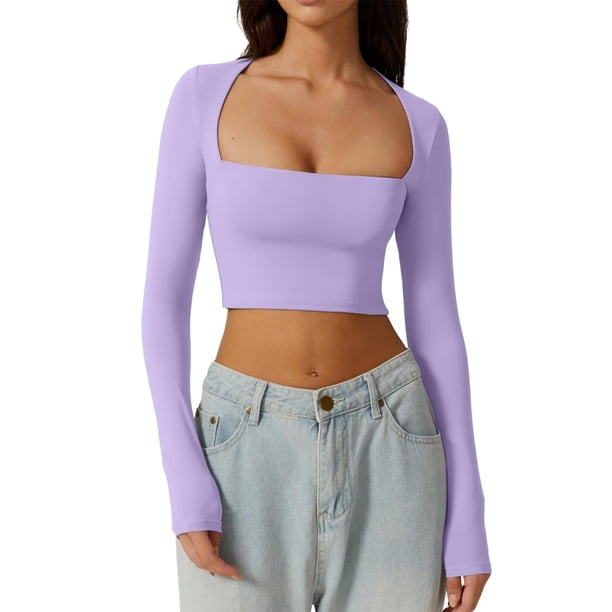 Blusa Mangas Largas Camisa recortada básica Jersey Camisa corta Mujer Ropa de calle con ajuste ajustado Kuymtek Púrpura T XL para Mujer