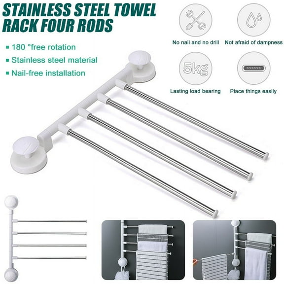 SHELLTON 180°Wall Mounted Towel Bar, Swivel Towel Rack SUS304 Stainless Steel Towel Bar 4-Arm Towel Hanger Space Saving Towel Racks,No Drill Towel Rack for Bathroom, Kitchen