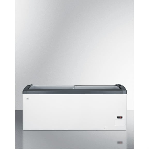 Curved top commercial ice cream freezer made in Denmark, with sliding glass lid, digital thermostat, novelty baskets, and 17.1 cu.ft. interior