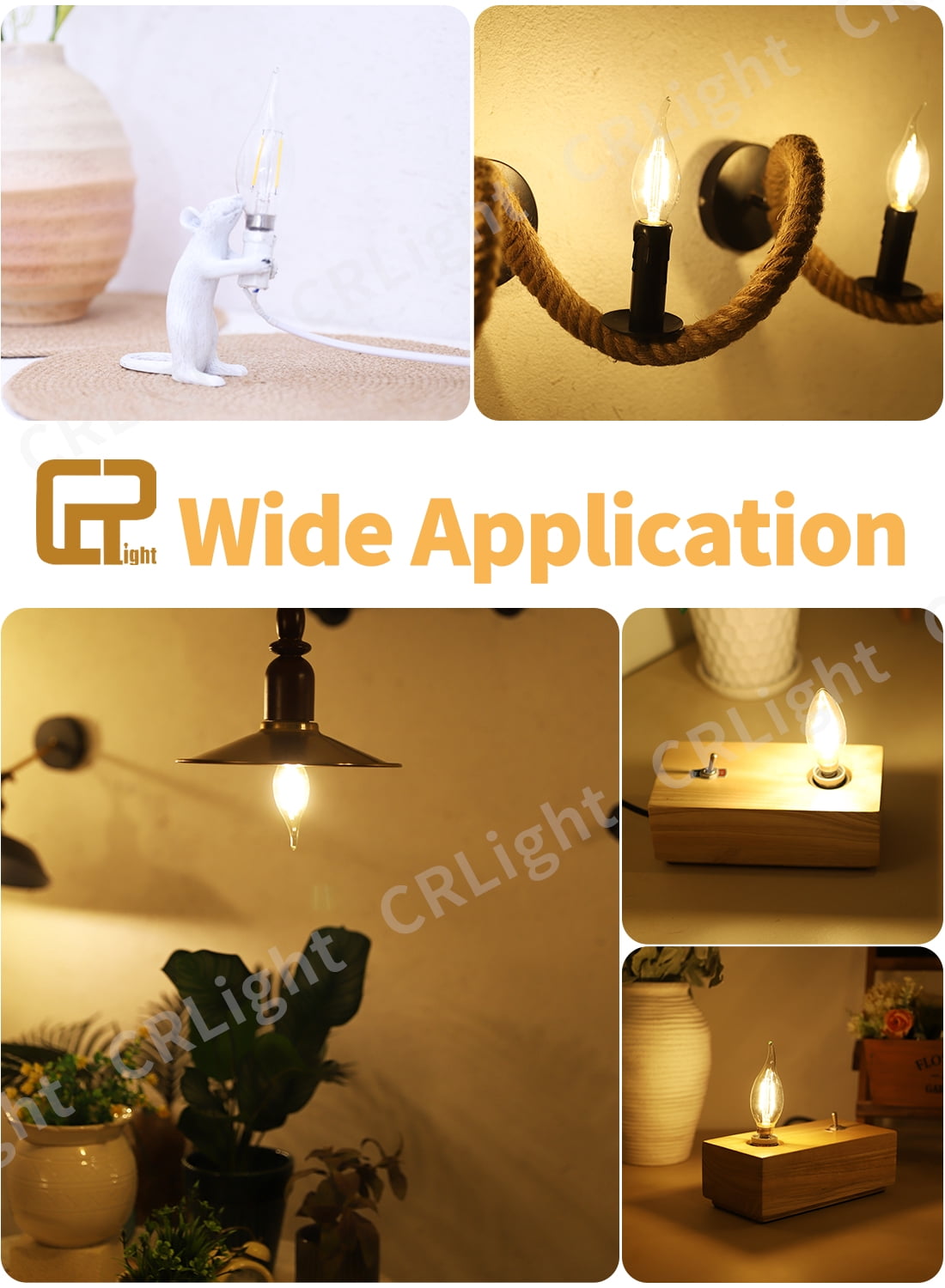 CRLight LED Dimmable 2W 25W Equivalent Warm White E12 C35 Decorative Light Bulbs, 10 Pack