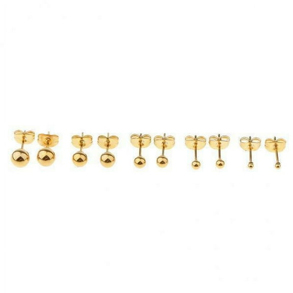 Milageto 2x5 Pairs Assorted Ball 2mm-6mm Disc Ball Stainless Steel Earring Studs Gold
