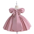 thumbnail image 5 of Short Flower Girl Dress, Girls Solid Color Puff Sleeve Princess Dress with Bow Accents, Junior Bridesmaid Party Dress for Wedding Birthday Occasions Age 4-9 Pink 110, 5 of 9