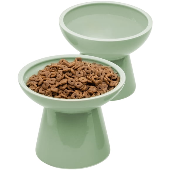 Cuenco elevado para comida para gatos CEEFU 2, de cerámica, ancho y poco profundo, verde salvia