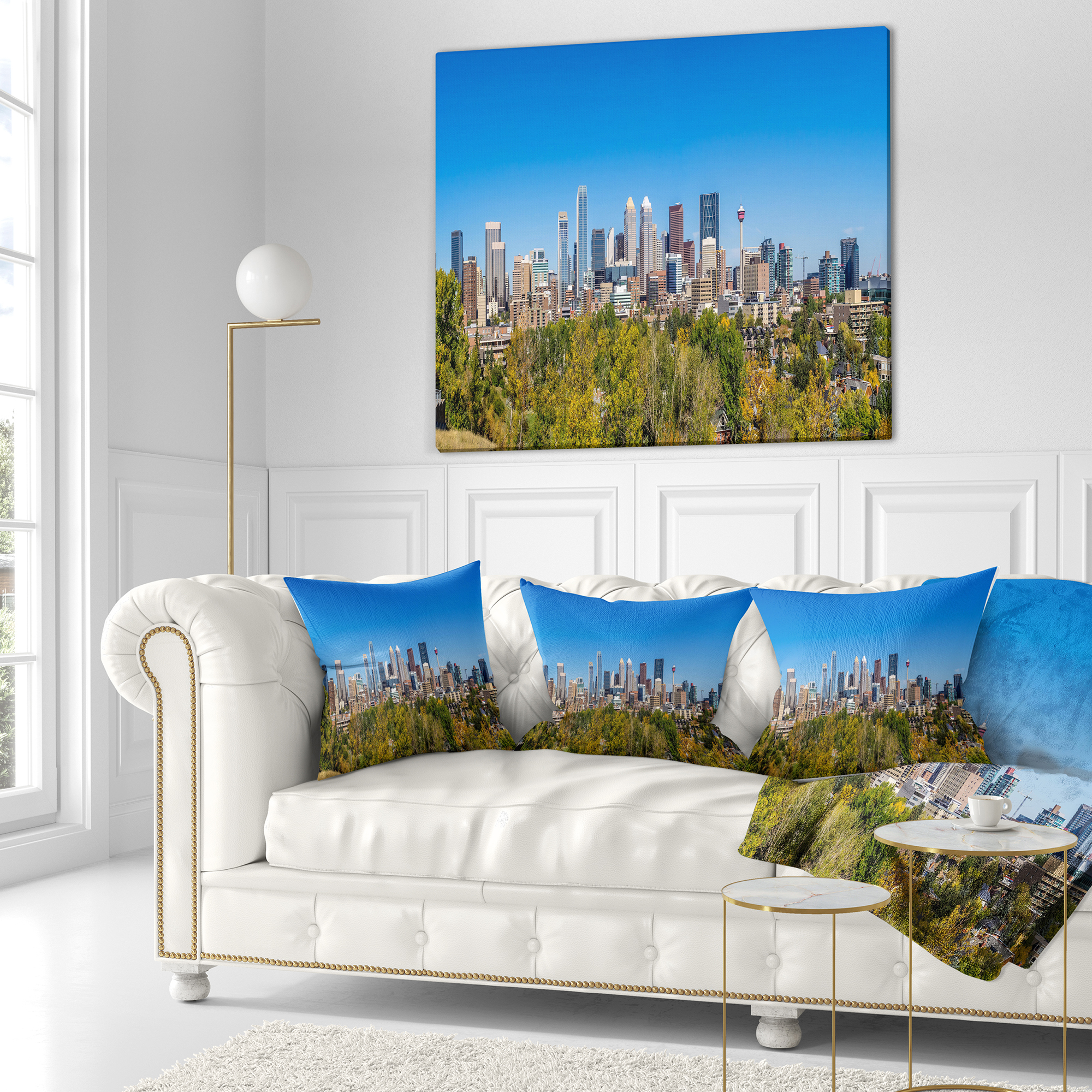 Designart Calgary Skyline with Blue Sky - Cityscape Throw Pillow - 16x16