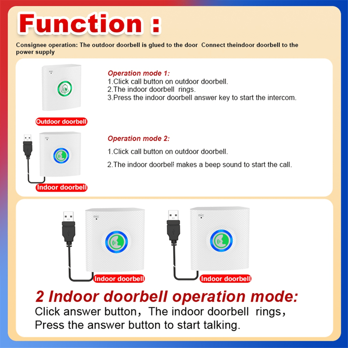 Wireless Long Distance Voice Intercom Full Duplex Door Phone Two Way Audio Doorbell Welcome Chime Elderly Bell White,1 pairs x Smart intercom doorbell,White