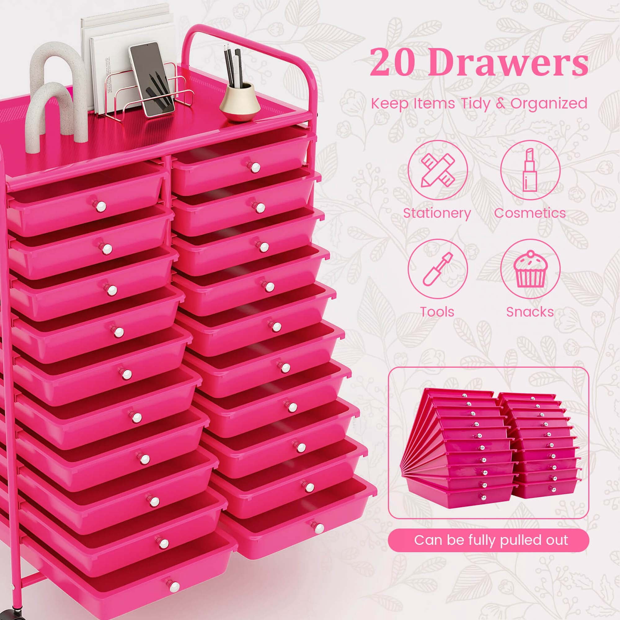 Costway 20 Drawers Rolling Storage Cart Art Craft Organizer on Wheels Multipurpose Hot Pink