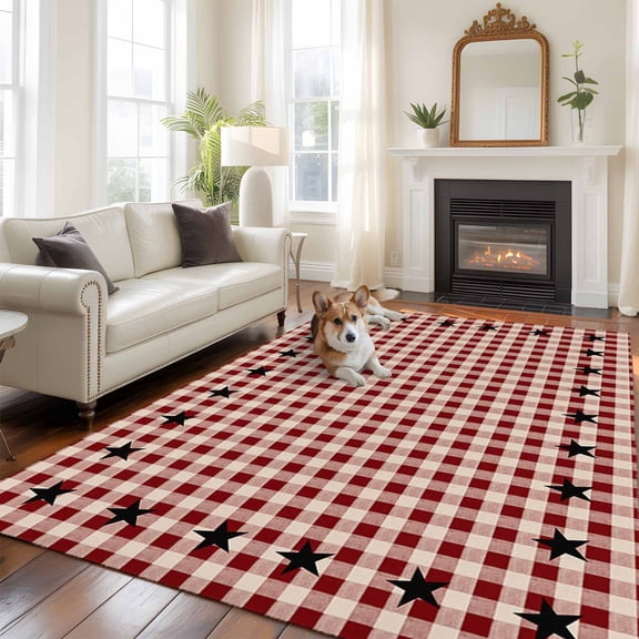 Country Star Large Area Rugs 8x10 ft Berry Red Buffalo Plaid Washable Rug Non Slip Indoor Carpet Absorbent Floor Mat for Living Room Bedroom Dining Room