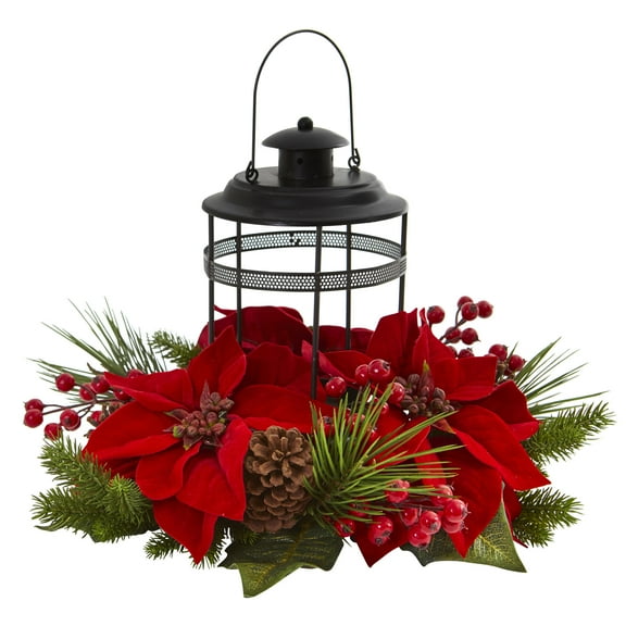 Nearly Natural Poinsettia Berry Pine Artificial Flower Arrangement Candelabrum, Red