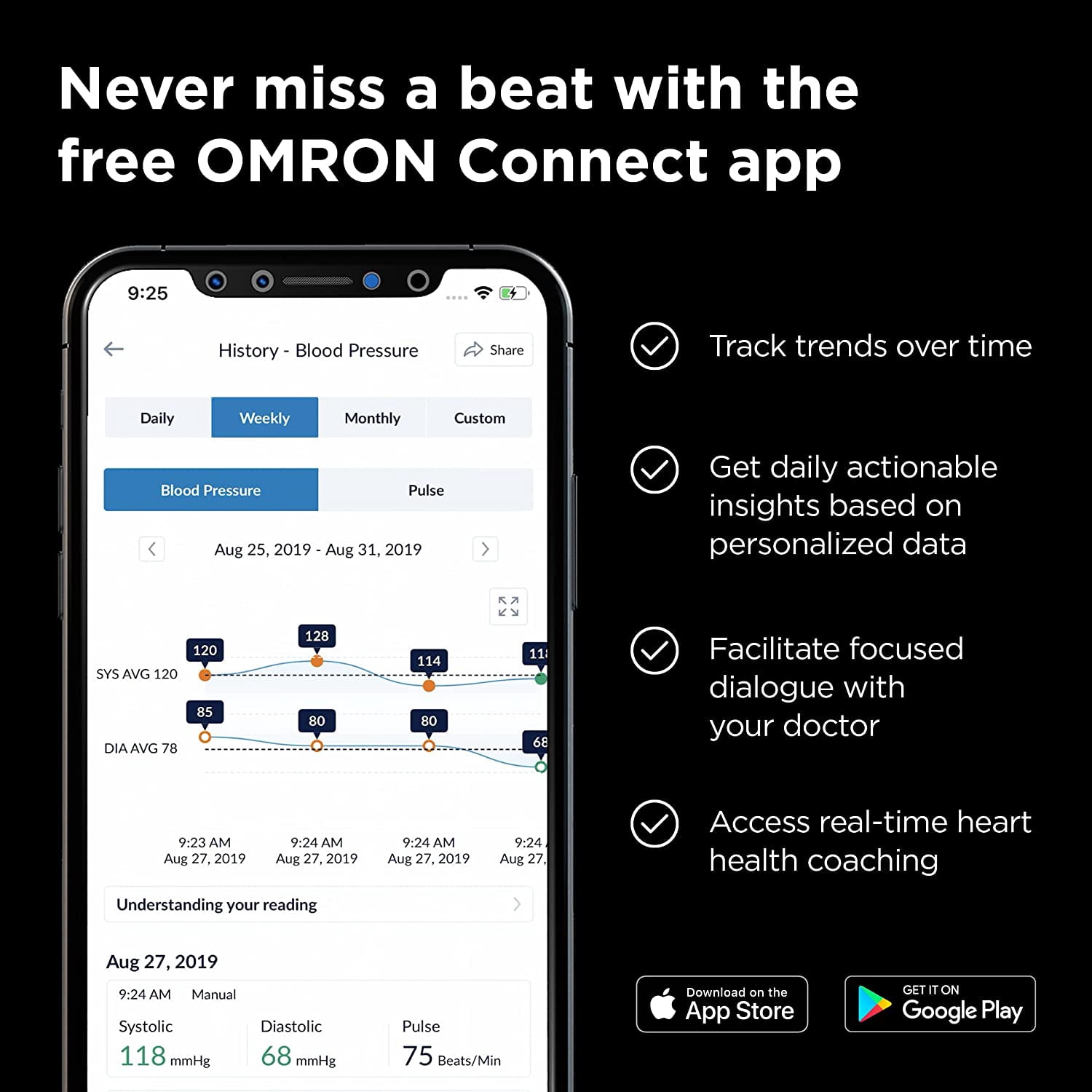 Omron BP8000M - Wearable Blood Pressure Monitor - Bluetooth Wireless Connectivity - Blood Pressure Measurement - Band Fits Medium Wrist Circumferences - 6.3 to 7.5 (16 to 19 cm) - Black - HEARTGUIDE
