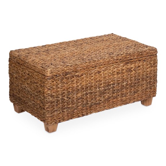 East at Main Woven Rattan Coffee Table, Handwoven Natural Brown, Hidden Storage, Solid Wood Frame