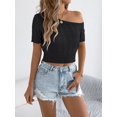 thumbnail image 4 of Womens Summer Tops Crochet Sweaters Resort Wear Short Sleeve Hollow Out Knit Tops 2025 Beach Coverup Black L, 4 of 9
