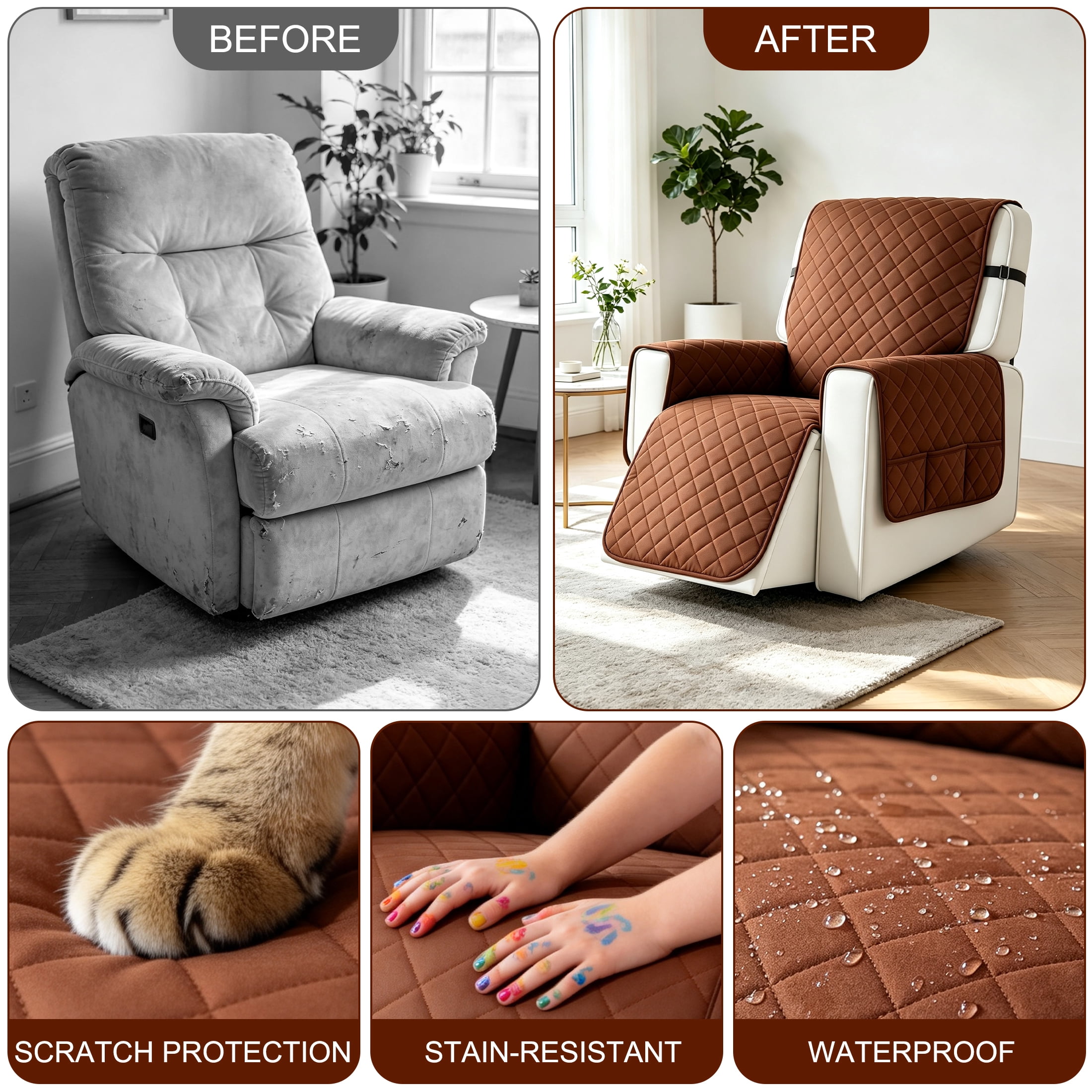 GARITIN Recliner Chair Cover, Non‑Slip Quilted Recliner Protector with Storage Pockets, Water Resistant Pet Furniture Slipcover
