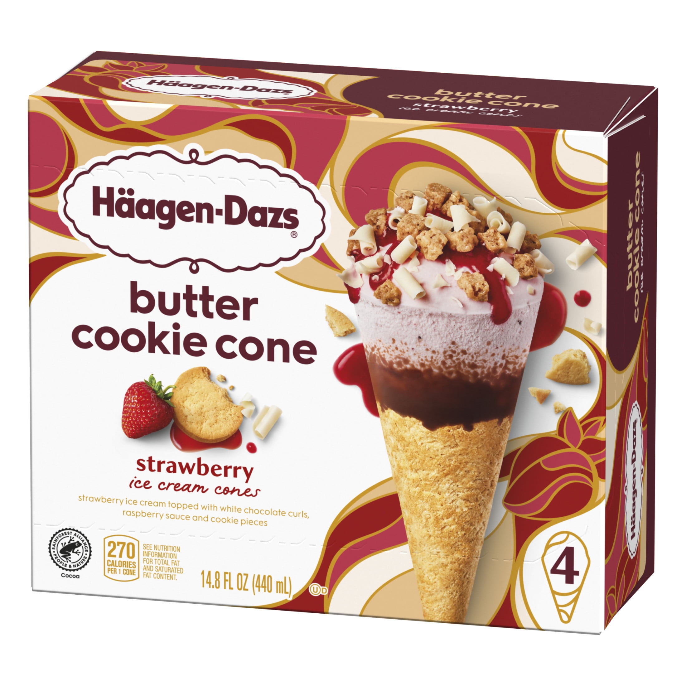 Haagen Dazs Strawberry Butter Cookie Ice Cream Cone Dessert, 4 Count Package