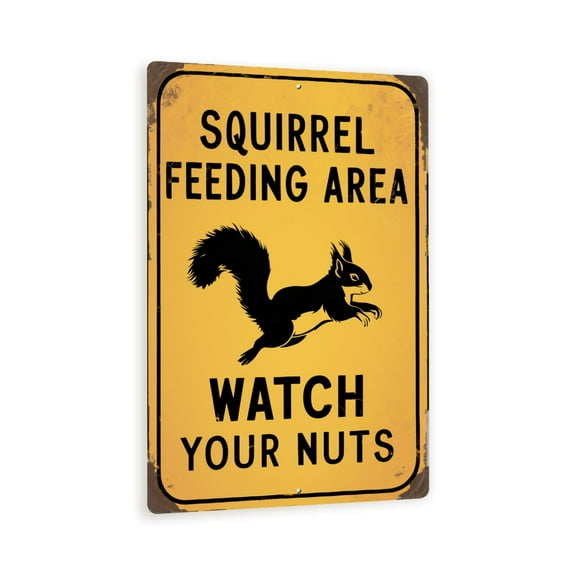 Funny Vintage Style Sign - "Squirrel Feeding Area, Watch Your Nuts" 8" x 12" Yellow Background Decorative Signboard for Gardens, Patios, and Outdoor Spaces