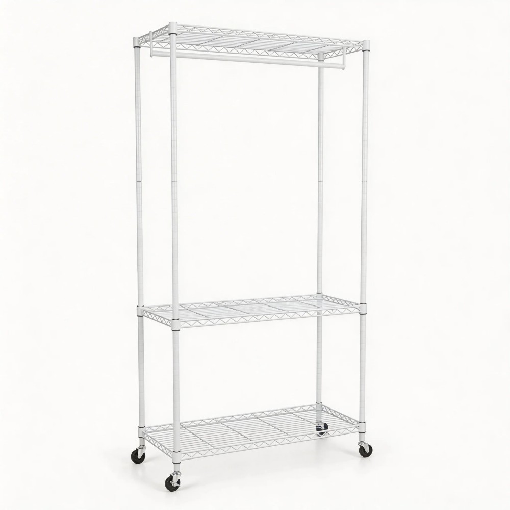 Rolling Clothes Rack, Heavy Duty Garment Rack with 3-Tier Wire Shelves & Hanging Rod, Freestanding Closet Organizer with 360° Wheels, White