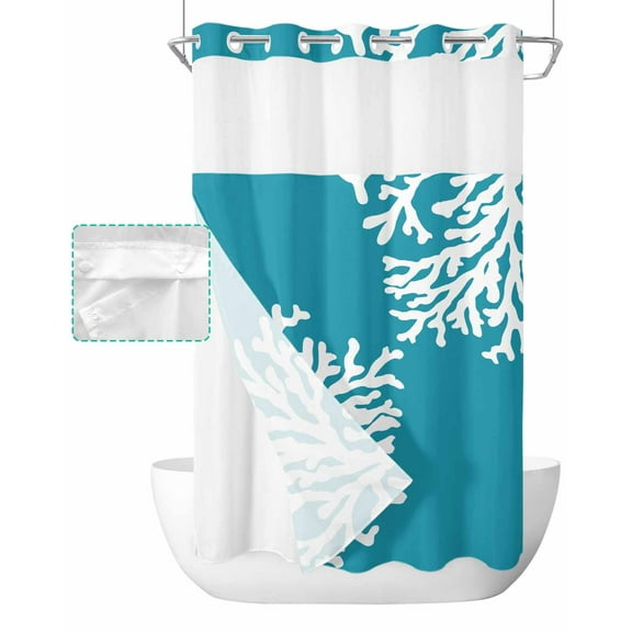 No Hook Shower Curtain with Snap in Liner, Summer Ocean Water Green Coral Blue Hotel Shower Curtains for Bathroom, Washable Shower Curtain Liner Set with Mesh Top Window, 54"x78"