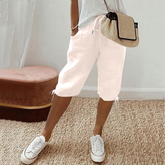 Bermuda Shorts for Women Knee Length Drawstring Elastic Waist Linen Shorts Casual Summer Pedal Pushers with Pockets 13.39''inseam Beige 3XL