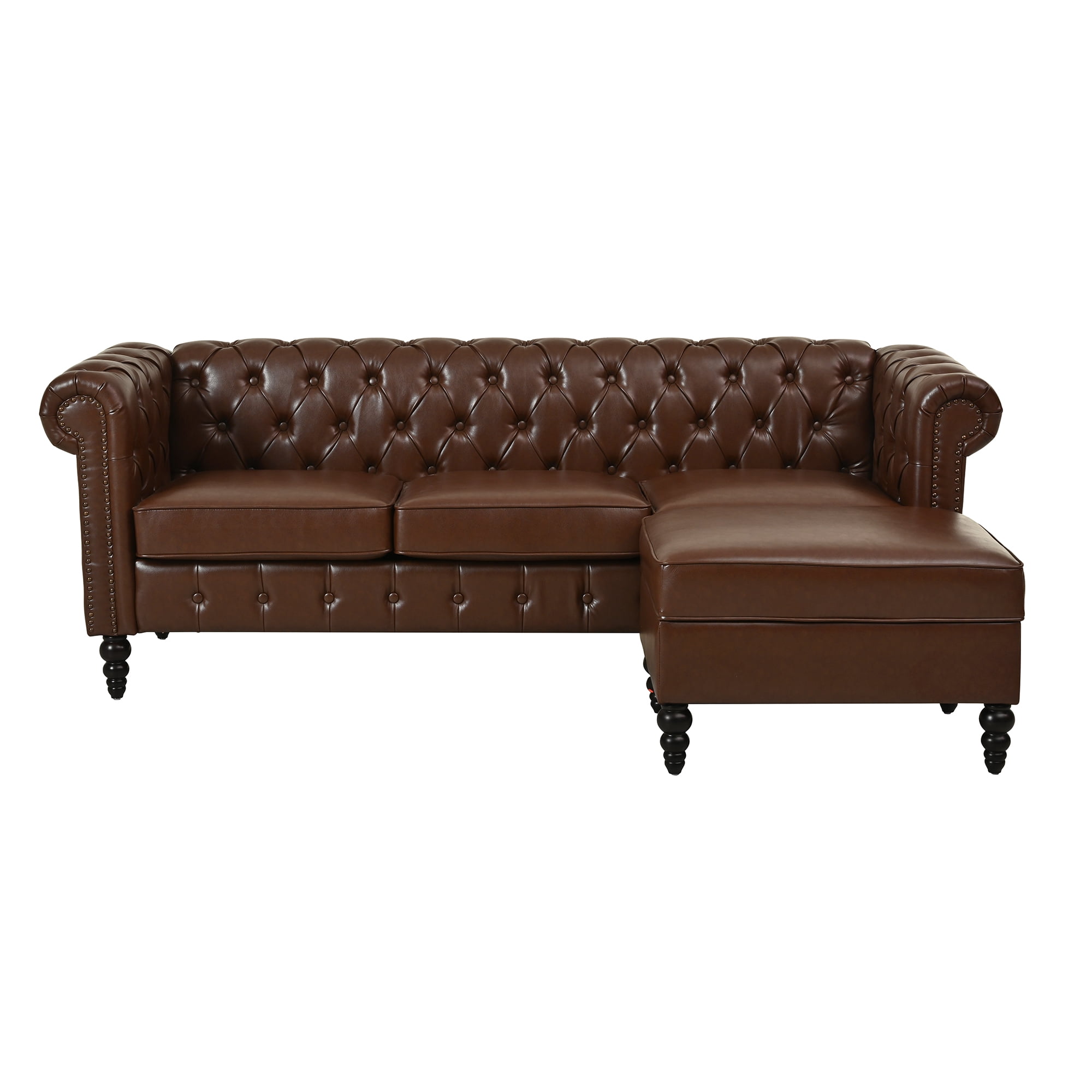 Howcool 85"W Chesterfield Sectional Sofa with Storage Ottoman,L-Shaped Faux Leather Sofa Couch,4-Seater Modular Sofa with Tufted Back & Nailhead Trim for Living Room,Brown