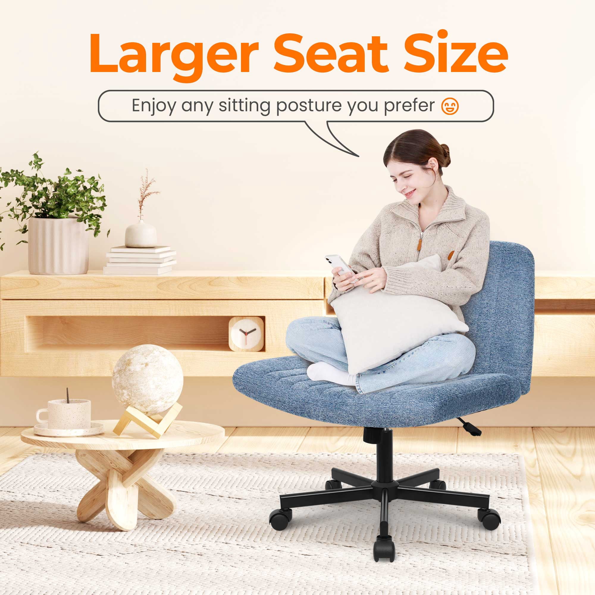 NEO CHAIR Criss Cross Legged Office Desk Vanity Armless Chair with Wheels Swivel, Blue