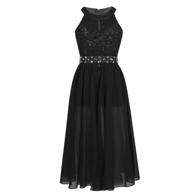 Kaerm Robe de Mariée Fille Fleurie Col Halter Robe de Fête en Dentelle Florale pour Enfants Robe de Bal Scintillante avec Strass Noir 8
