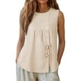 thumbnail image 4 of Loose Fit Drawstring Waist Linen Tank Top for Women Round Neck Solid Color Daily Casual Blouse, 4 of 7