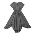 thumbnail image 4 of Huowey Toddler Dresses Summer Solid Color Linen Short Sleeve Crewneck High Elastic Waist Loose Flowy Irregular Ruffles Hem Formal Gown For Big Kid Fashionable Sundress Prom Ball Gown,Gray,6-7 Years, 4 of 4