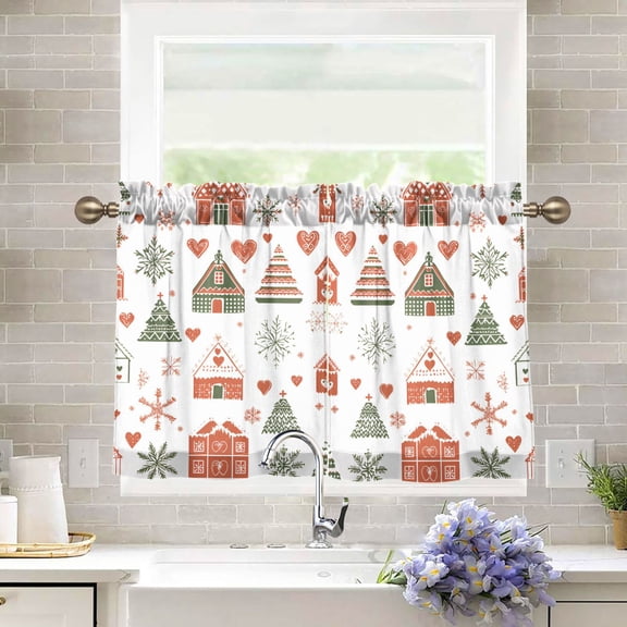 Yayeee Kitchen Curtains Tier Pair Light Filtering 27"x36" Rod Pocket Short Cafe Window Panel, Red Nordic Christmas