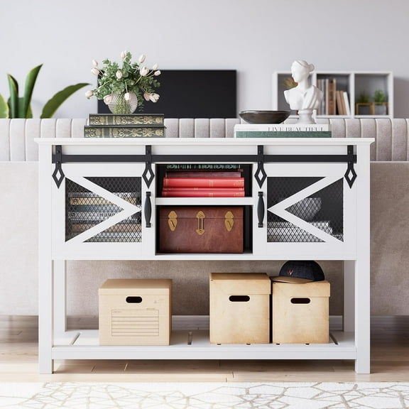 Homhougo 46" Farmhouse Entryway Console Table with Sliding Barn Door & Ample Storage Shelf - Narrow Rustic Wooden Sofa Table for Living Room and Foyer, White