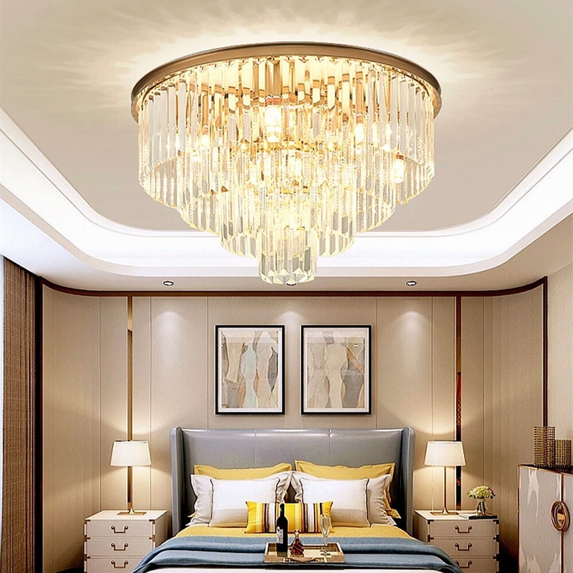 LUOLAX 23.6" Round Postmodern Crystal Flush Mount Ceiling Light  - 4-Tier Transparent K9 Prisms & Gold Iron Finish for Living Room/Bedroom (No Bulbs Included)