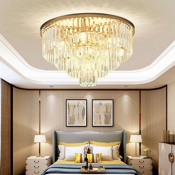 FINE MAKER 24-inch traditional luxury crystal ceiling lamp, round postmodern crystal ceiling lamp, dining room, living room and bedroom lighting fixtures