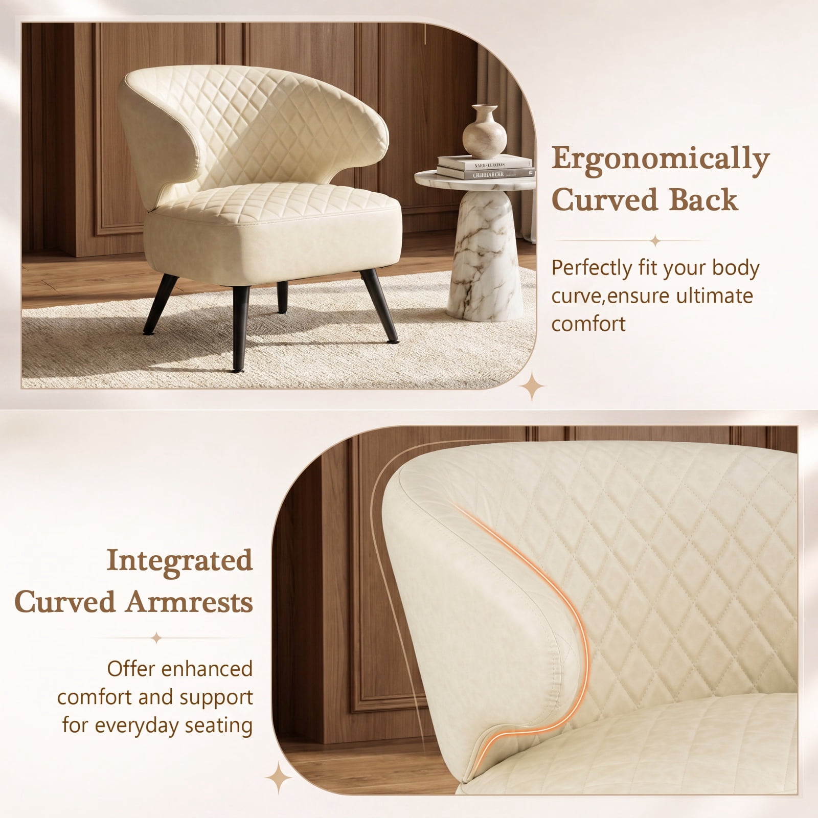 Furnibear Mid Century Modern Accent Chair Diamond Stitched PU Leather Upholstered Armchair with Curved Back for Living Room and Bedroom, White