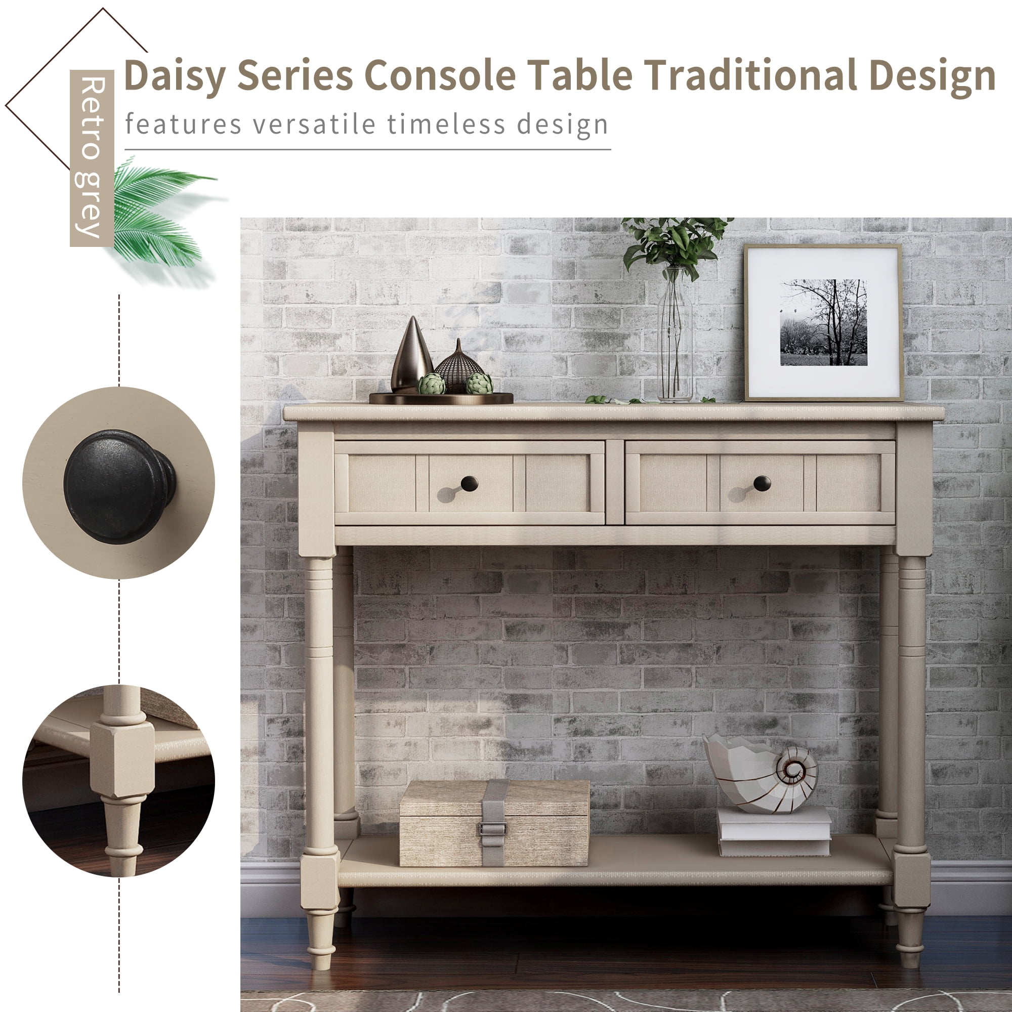 Entryway Table with Storage, SEGMART Console Table with Drawers, Solid Wood Entryway Table with Shelf, Modern Entry Table Console Table for Living Room Entryway Hallway Foyer, Retro Grey