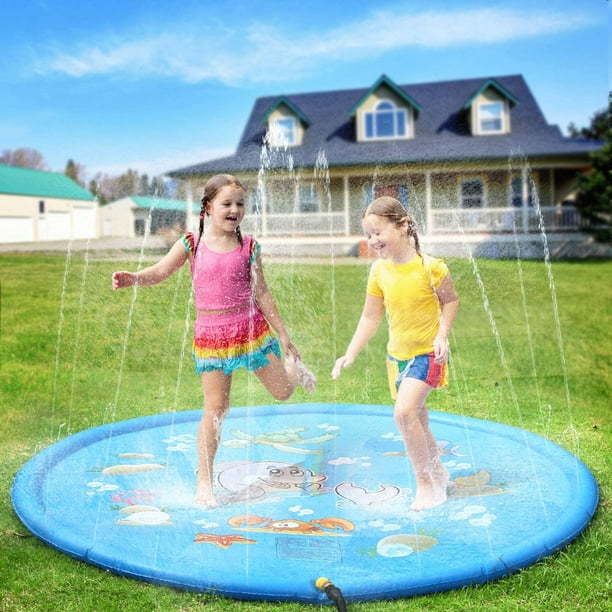 (Azul 100 cm) Juego de tapete rociador de agua plegable Verano Jardín al aire libre Piscina Juguete de playa PVC portátil plegable para niños Actividades familiares al aire libre