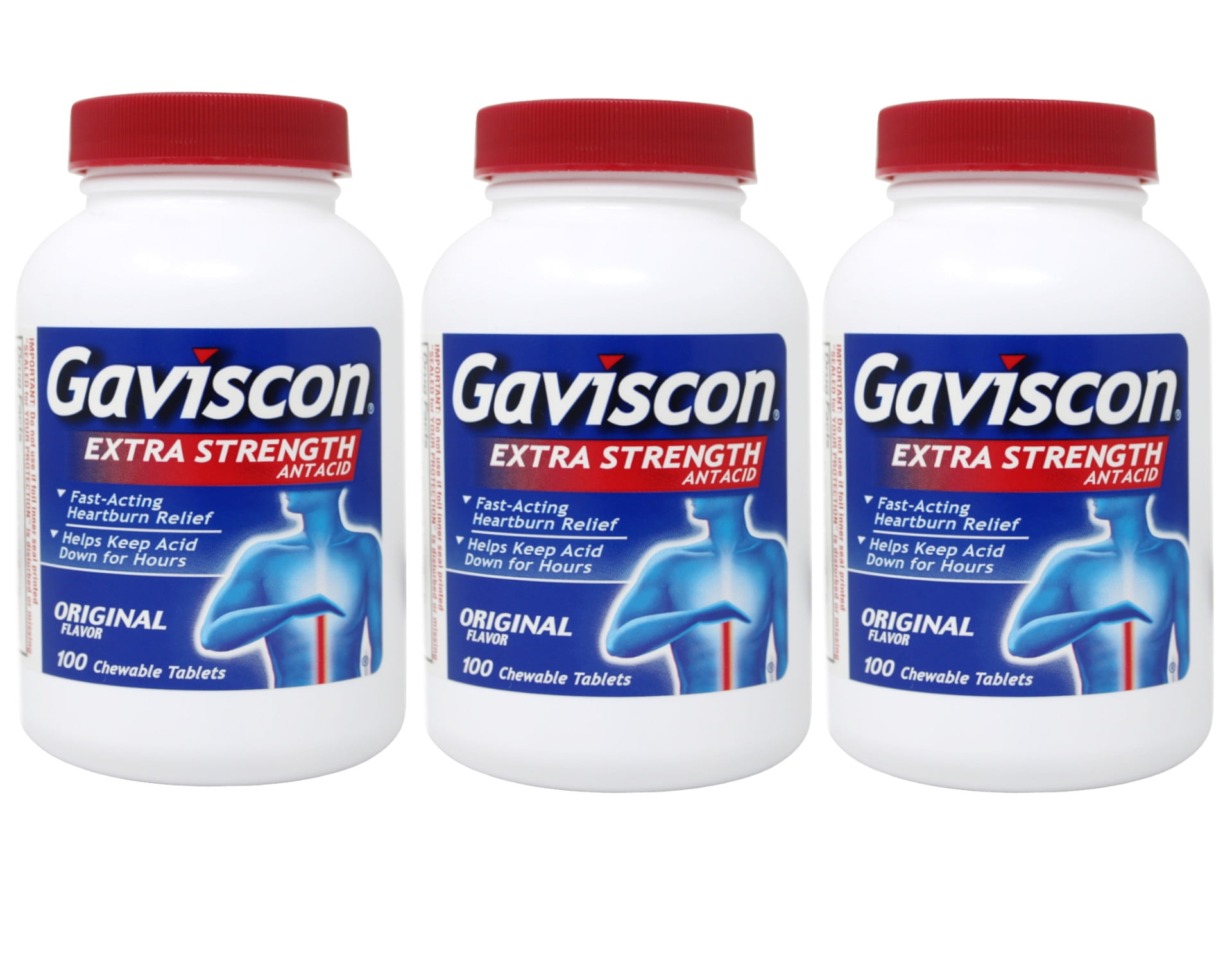 Gaviscon Extra Strength Chewable Antacid Tablets, Original Flavor, 100-Count Bottles (Pack of 3)