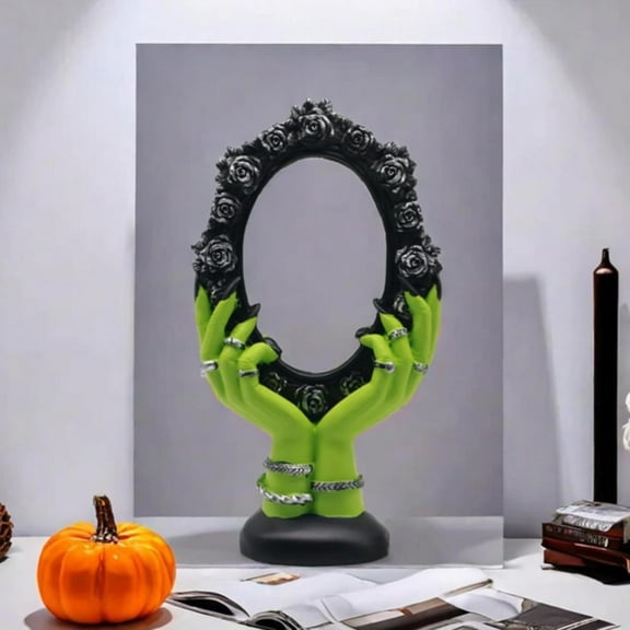 Witch Holding Mirror Ornament, Resin Craft Cosmetic Mirror, Halloween Cartoon Ornament for Home Decoration