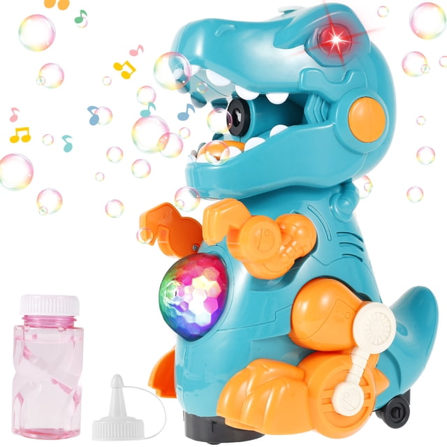 Muyoka Máquina de burbujas de dinosaurio 3 en 1 Pistola de burbujas de dinosaurio Máquina de burbujas de dinosaurio de alto rendimiento con música para caminar y efectos de luces Lanzador de burbujas Muyoka Hogar