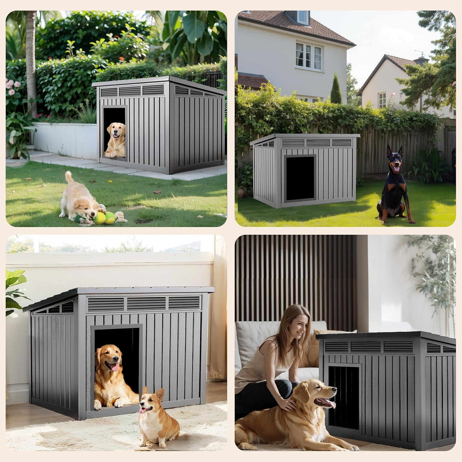 LEHOME Large Dog House Outdoor for Indoor with Weatherproof & Removable Roof,Fits Small to Large (Gray, 42.87 * 32.95 * 31.61'')