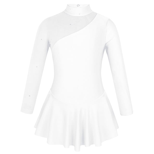 TiaoBug Girls' Sparkly Dance Dress Mock Neck Mesh Figure Ice Skating Dress Spandex Long Sleeves Dance Leotard White 6