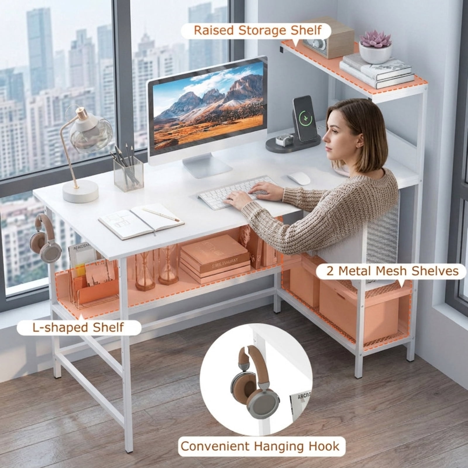 Furnibear 48 Inch Computer Desk Home Office Desk with Power Outlets and Storage Shelves for Study Workspace, White