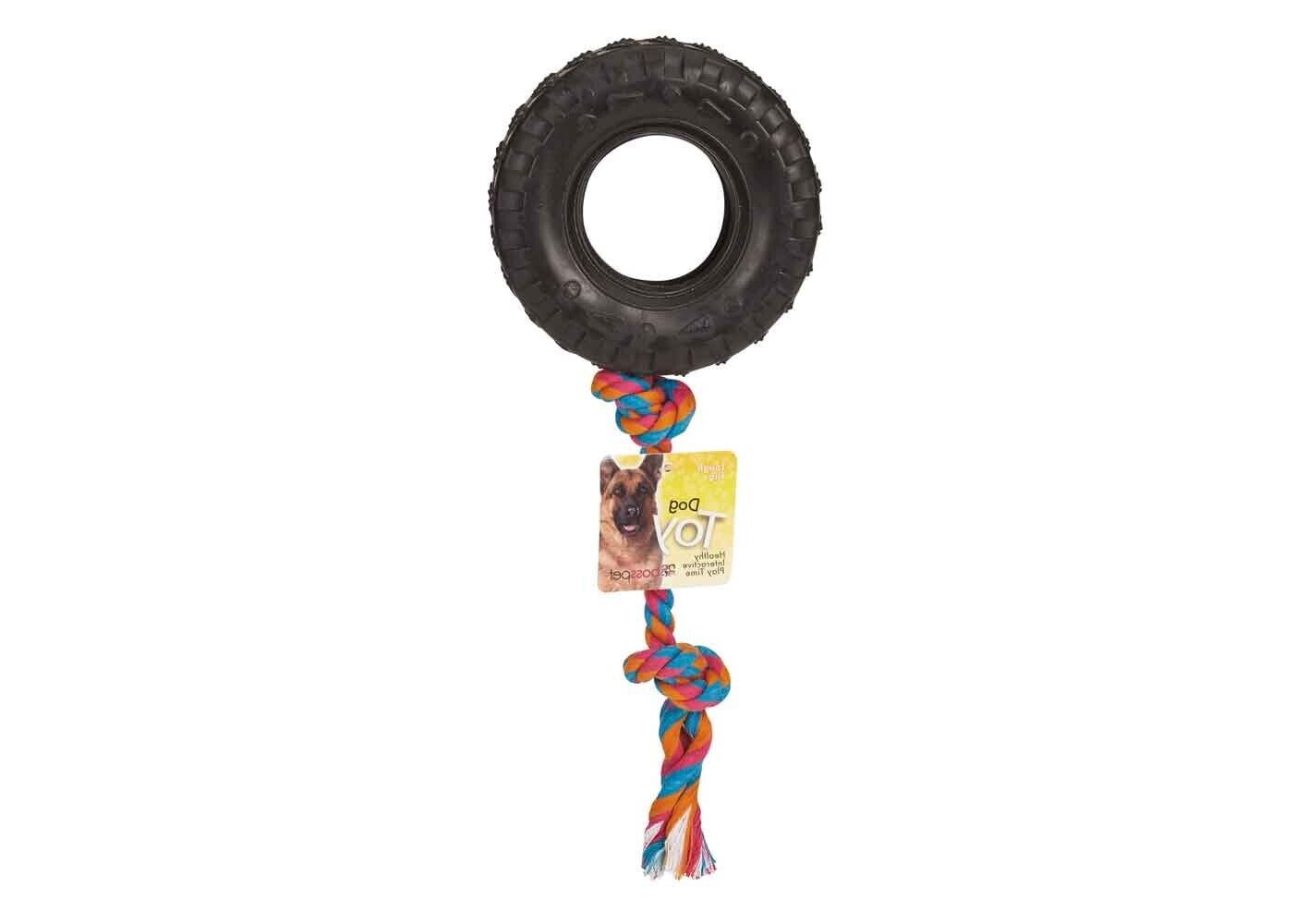 Tire N Tug Heavy Duty Durable Rubber Dense Medium Large Dog Chew Toy With Rope