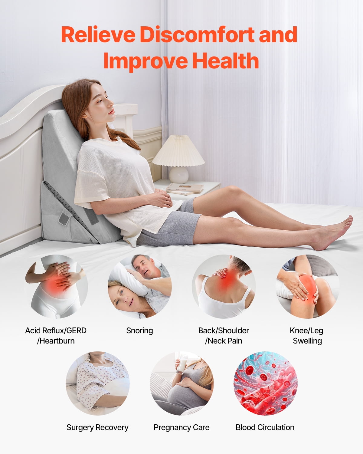 VEVOR Bed Wedge Pillow for Sleeping, Adjustable Orthopedic Bed Wedge, 25D High-Density Foam Filling & Soft Washable Cover, Post Surgery Pillow for Acid Reflux, Back Pain, Snoring Relief, Light Grey