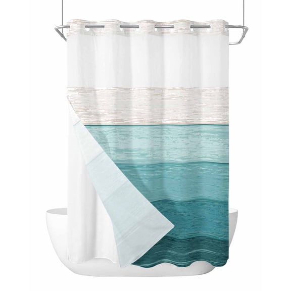 No Hook Shower Curtains with Snap-in Liner Set, Teal Ombre Waterproof Hotel Style Bathroom Shower Curtain, Farmhouse Vintage Wooden Striped Breathable Mesh Top Window Bath Curtains 48''x72''
