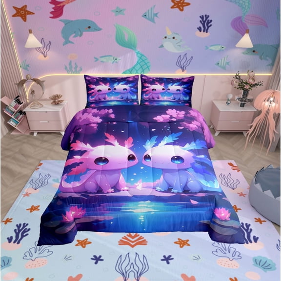 Erosebridal Kawaii Axolotl Bedding Twin Comforter Set, Blue Pink Down Comforter, Lake Lotus Reversible Comforters & Duvets, Super Cozy Bedroom Decor, 2-Piece