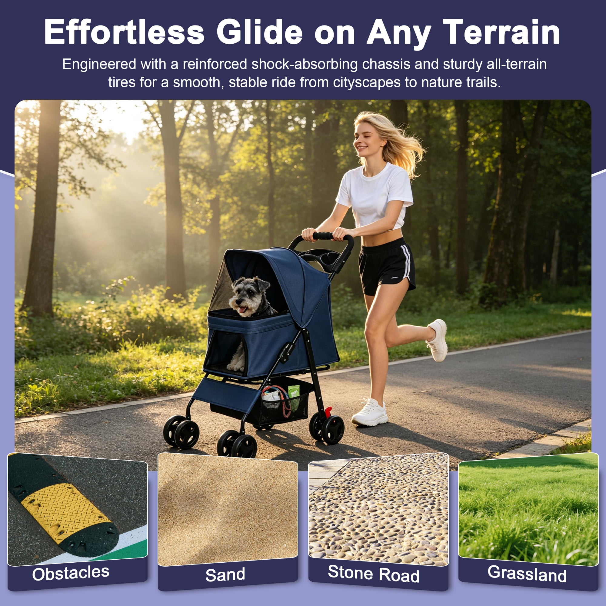 One-Click Foldable Blue Pet Stroller for Small Dogs & Cats, Holds Up to 28 LBS, Breathable Mesh, 360° Swivel Lockable Wheels, Storage Tray & Basket for Walks Vet Travel