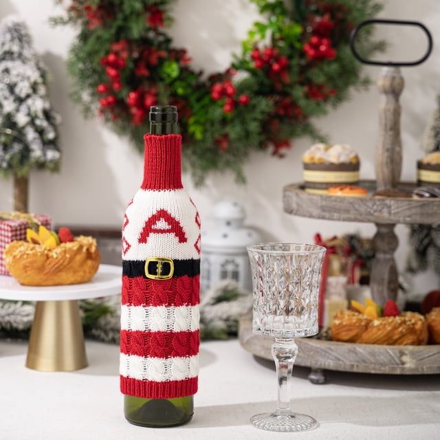 Manchon de Bouteille de Vin Tricoté Alphabet avec Rayures Rouges et Blanches pour Décoration DIY Manchon de 26 Lettres pour Bouteille de Vin Rouge et Emballage Cadeau